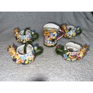 Vintage ‘99 Mercuries Spring Easter Garden Party Bunny 4 Cup With Spoons Creamer